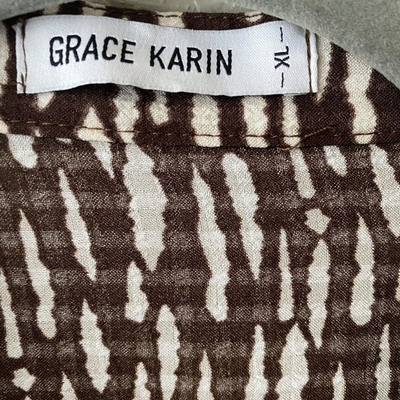 Grace Karin Womens Dress Size XL Printed Long Sleeve Button Front Brown White - Picture 7 of 9